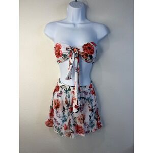 Edel Qual Womens 3 Piece Floral Swim Set Bandeau Top Bikini Bottom Mesh Skirt XS